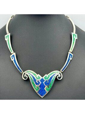 Vintage Taxco Butterfly Necklace Blue Green 925 Art Deco Statement 44g TC-112